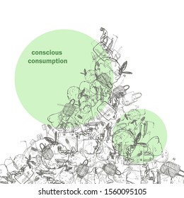 big mountain of rubbish with banner sign conscious consumption vector hand-drawn plastic bottle package bag drinking can thermos garbage bag toothbrush plastic dead fish zero waste alternative
