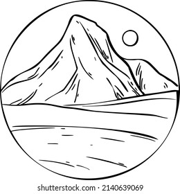 Big mountain with sun or moon hand draw vector illustration