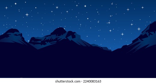 Big mountains at the background of a blue starry sky. Vector illustration. Panoramic landscape.