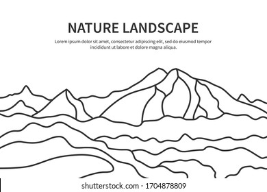 Big mountains in linear style. Landscape with hills and place for text. Vector illustration