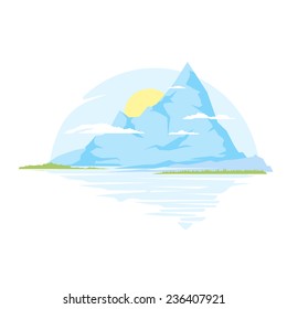 Big mountains with sun and clouds near the water, reflection, nature background, isolated