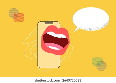 Big mouth talk with Blank bubble talk or comment. Concept of career, promotion, communication, news, infographic. Copy space for ad
