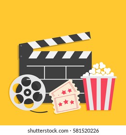 Big movie reel Open clapper board Popcorn box package Ticket Admit one. Three star. Cinema icon set. Yellow background. Flat design style. Vector illustration