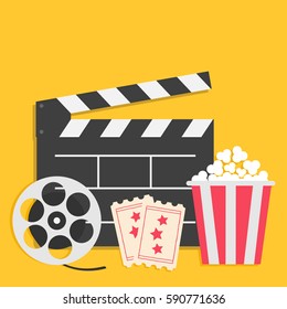 Big movie reel Open clapper board Popcorn box package Ticket Admit one. Three star. Cinema icon set. Flat design style. Yellow background. Vector illustration