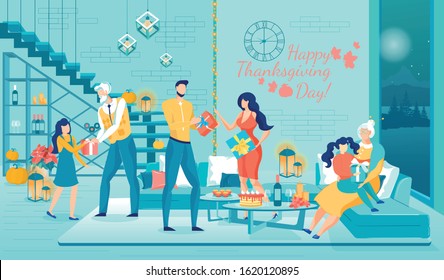 Big Multi Generation Family Celebrating Thanksgiving Day Cartoon. Grandparents, Parents, Children Giving Gifts. Festive Sweets and Drinks on Table. Flat Cozy Living Room. Vector Illustration