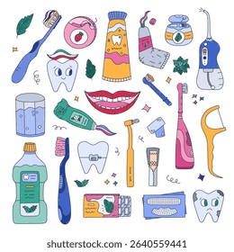 Big multicolor doodle oral care and dentistry set with dental cleaning tools and products, funny tooth characters. Toothpaste, brush, floss, mouth. Lovely hand drawn teeth hygiene isolated doodle.