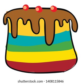 A big multi-colored cake with chocolate frosting and cherries on top, vector, color drawing or illustration. 