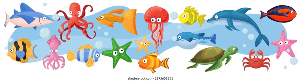Big multicolored set of marine and ocean animals and fish under water. Sea animals for books and games for children.	