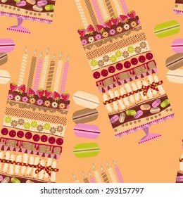 Big multilayer cake with candles and macaroons. Seamless background pattern. Vector illustration. 