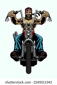 Big Muscle Man Biker Riding Chopper Motorcycle in Front Angle