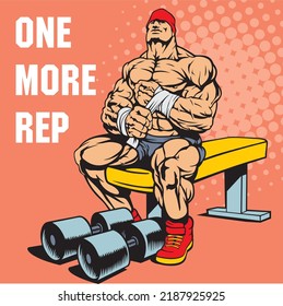 big muscular bodybuilder preparing for exercise with dumbbells sitting on the bench, vector cartoon comic style image