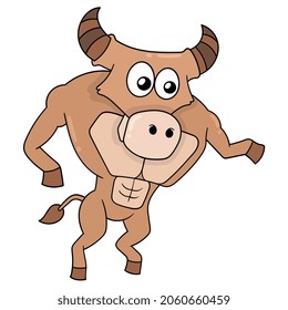 big muscular bull practicing gym fitness every day, vector illustration art. doodle icon image kawaii.
