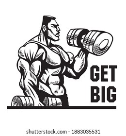 Big muscular cartoon athlete doing biceps curl exercise with dumbbells, cartoon motivation sport image, vector illustration
