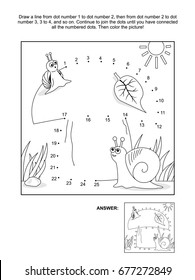 Big Mushroom, Mother And Baby Snails Connect The Dots Picture Puzzle And Coloring Page. Answer Included.
