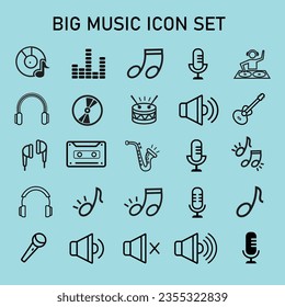 Juego de iconos de Big Music conjunto de auriculares de línea negra vector micrófono dj 