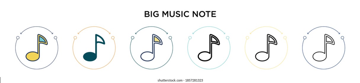 Big music note icon in filled, thin line, outline and stroke style. Vector illustration of two colored and black big music note vector icons designs can be used for mobile, ui, web