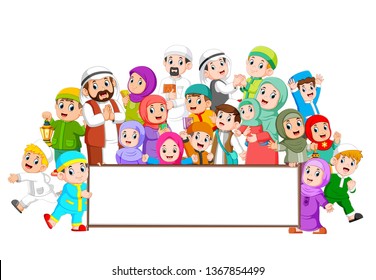 A big muslim family are gathering near the blank board