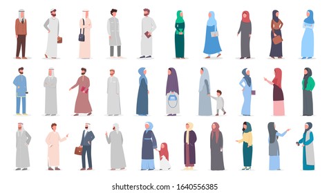 Big muslim people set. Arabian woman and man collection in different suit and traditional clothes. Woman wearing hijab. Islam religion. Isolated vector illustration