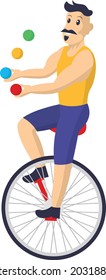 big mustache man Juggling on unicycle Concept Vector Icon Design, Circus characters Symbol, Carnival performer Sign, Festival troupe Stock illustration