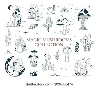 Big mystical collection with magic mushrooms, floral elements. Celestial fungi set. Witchy tattoo and occult clipart with moon and stars.