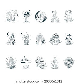 Big mystical set with magic mushrooms. Celestial fungi collection. Witchy tattoo and occult clipart.