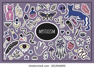 El gran misticismo estableció pegatinas aisladas vectoriales. Artículos místicos, brujería, espiritismo, divinidad. Doodle de color dibujado a mano. Halloween.