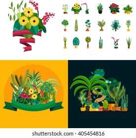 Big nature house plants collection vector illustration.Isolated set of flat potted interior flowers.herb for summer garden design, evergreen trees icons and domestic grower in pot background