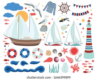 Big nautical set of clip art. Passenger sailboat. Sport yachts. Sea shells. Lighthouse. Ocean waves stylized. Life buoys, anchor. Seaweed, coral. Sailors shirt and cap. Seagulls. Many marine objects.