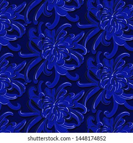 Big navy flower pattern. Tropical bloom ornament. Repetiotion botanical decoration. Hand-drawn chrysanthemum sketch