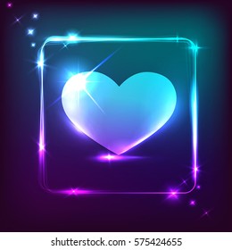 big neon blue heart on dark background with shining frame, vector illustration
