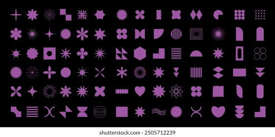 Gran conjunto retro de neón de Formas geométricas. Figuras minimalistas abstractas de moda, estrellas, flores, círculos. Elementos gráficos abstractos modernos. Formas geométricas brutalistas.