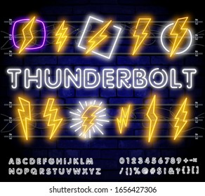 Big Neon set of lightning bolt. Glowing electric flash sign, thunderbolt electricity power icons. Vector lightning set on black background