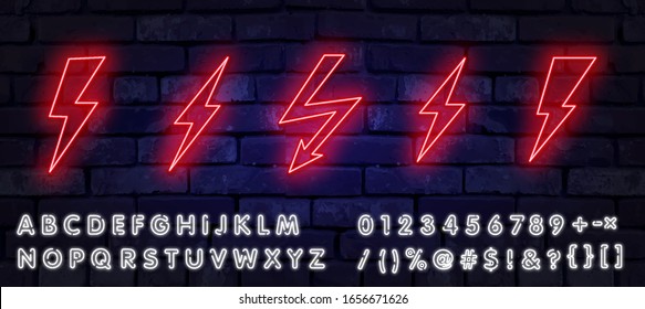 Big Neon set of lightning bolt. Glowing electric flash sign, thunderbolt electricity power icons. Vector lightning set on black background