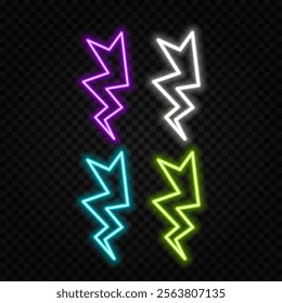 Big Neon set of lightning bolt. Glowing electric flash sign, thunderbolt electricity power icons. Vector lightning set on black background.