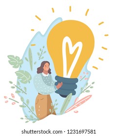 Big new idea concept. Business woman holding in her hands a big light bulb. Symbol of new discoveries and startup. Creative lady with large lamp. Vector cartoon illustration in modern concept