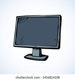 Big new thin wide blank flatscreen imac pad ui on white backdrop. Abstract line black ink hand drawn object logo pictogram emblem in art doodle style pen on paper. Front view closeup on space for text