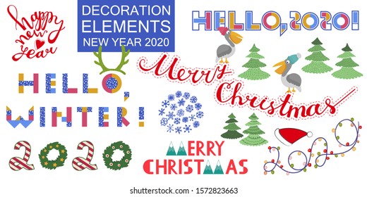 Big New Year 2020, Christmas collection with decorative elements for main winter holidays. Hand drawn letters, objects, snowflakes, fir trees. Lettering, original font. Isolated on white. Useful set.