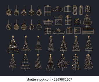 Big New Year and Christmas Set Editable Stroke. Elegant Gold Line Art Design Elements. Outline Xmas Fir Trees, Christmas Balls and Gift Boxes.