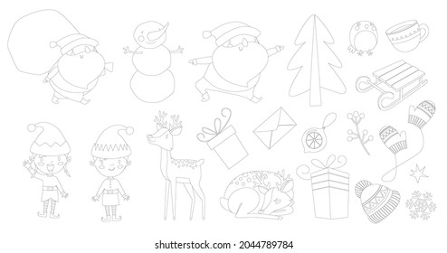 Big New Year coloring book. Santa, elves, Santa's helpers, deer, tree, sleigh, snowflakes, gifts