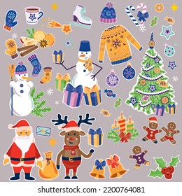 Big New year and Cristmas set. Decoration, bells, presents, snowflakes, Santa, Euphorbia pulcherrima, deer, Christmas tree, snowman.