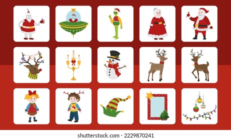 Big new year element set including UFO and alien characters. Robot Santa Claus and other Christmas characters. Flat vector design.