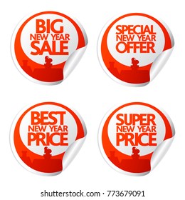 Big New Year sale stickers with santa climbs into the chimney.Vector illustration