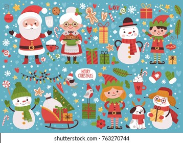 Big New Year set of characters and elements. Real Santa Claus and his Mrs. Klaus, elves, snowflakes, gifts, cookies and other items.