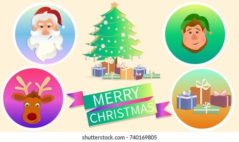 Big new year set of christmas stickers: santa claus, Elf, Christmas deer, new year tree and presents. Cartoon Santa Claus, Christmas elf and christmas deer vector banner. -stock vector