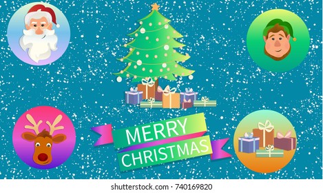 Big new year set of christmas stickers: santa claus, Elf, Christmas deer, new year tree and presents. Cartoon Santa Claus, Christmas elf and christmas deer vector banner. -stock vector