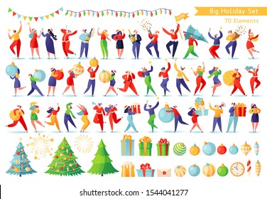 Big New Year set. Happy people characters in flat cartoon style, celebrating and preparing for the winter holidays. Set with garlands, Christmas trees and toys, gift boxes and dancing people.