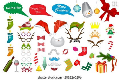 Gran paquete de stickers de Año Nuevo. máscaras.Photo Booth Props y Scrapbooking Vector Set para Año Nuevo. Elemento de color navideño para el diseño de vacaciones.