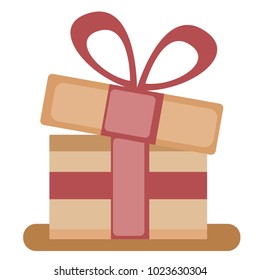A big New Year's gift box with a pink ribbon, isolated on a white background. Vector illustration.