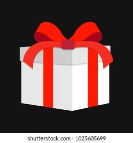 A big New Year's gift box with a red ribbon on a black background. Vector illustration.