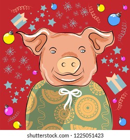 Big New Year's pig in festive clothes with a tie on the background of Christmas accessories. Sketch. Vector illustration